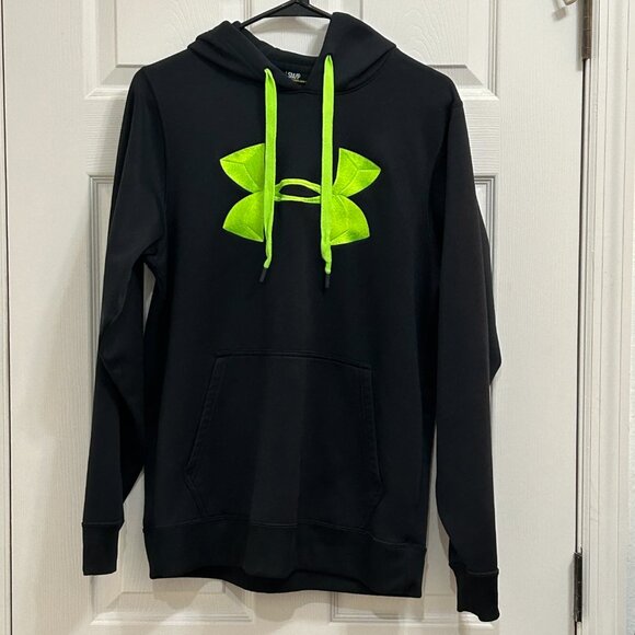 Under Armour Black Hoodie Unisex Green Embroidered UA Logo Oversized - Picture 2 of 4